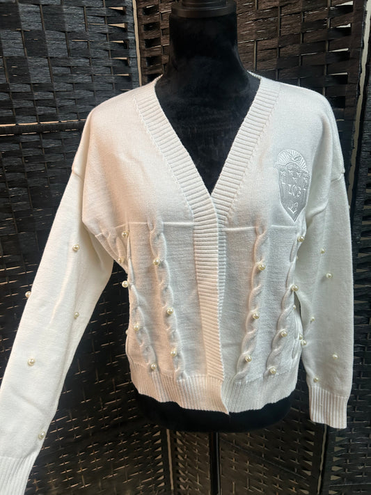 WHITE Zeta Phi Beta Pearled Out Open Cardigan