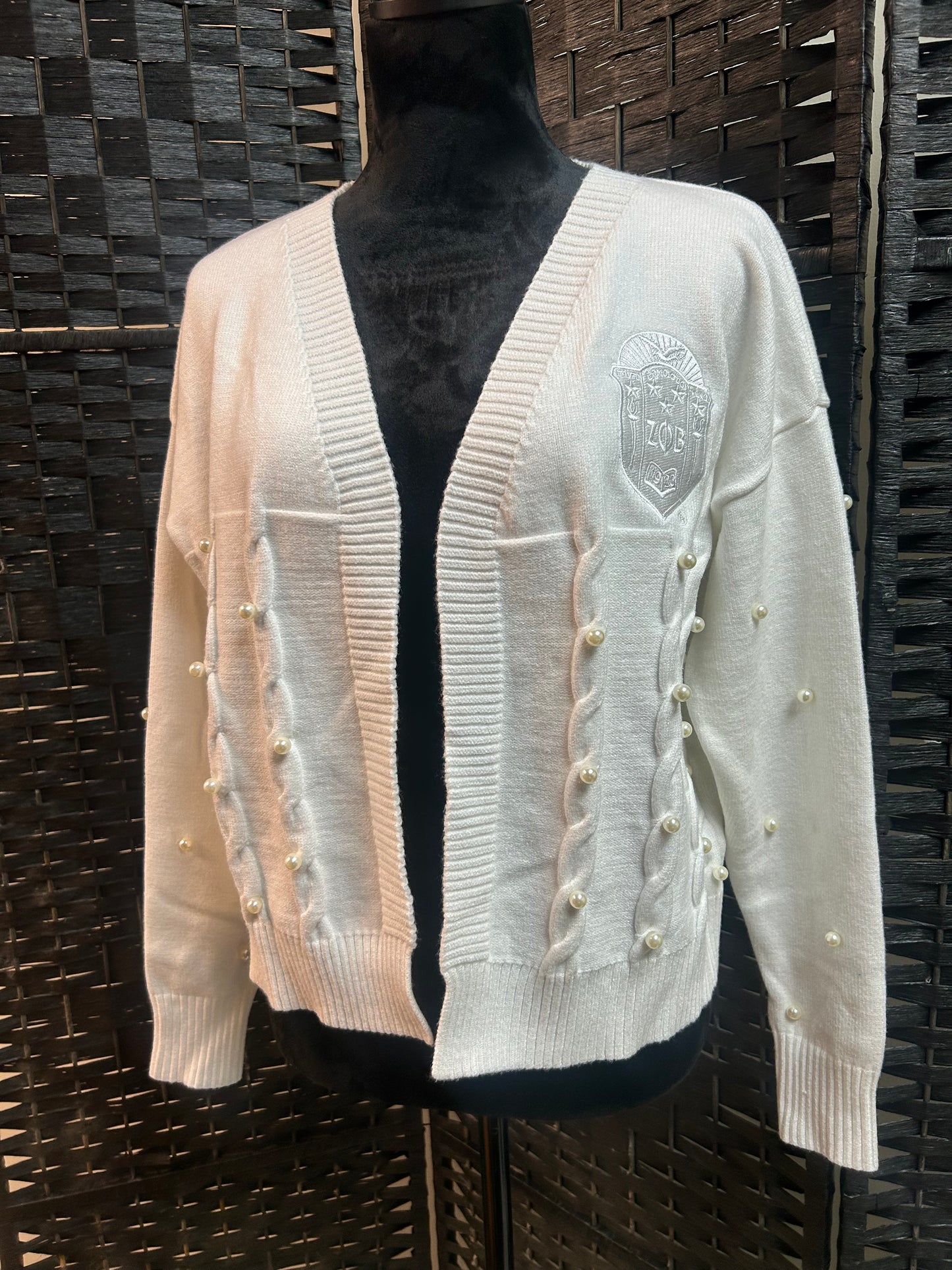 WHITE Zeta Phi Beta Pearled Out Open Cardigan