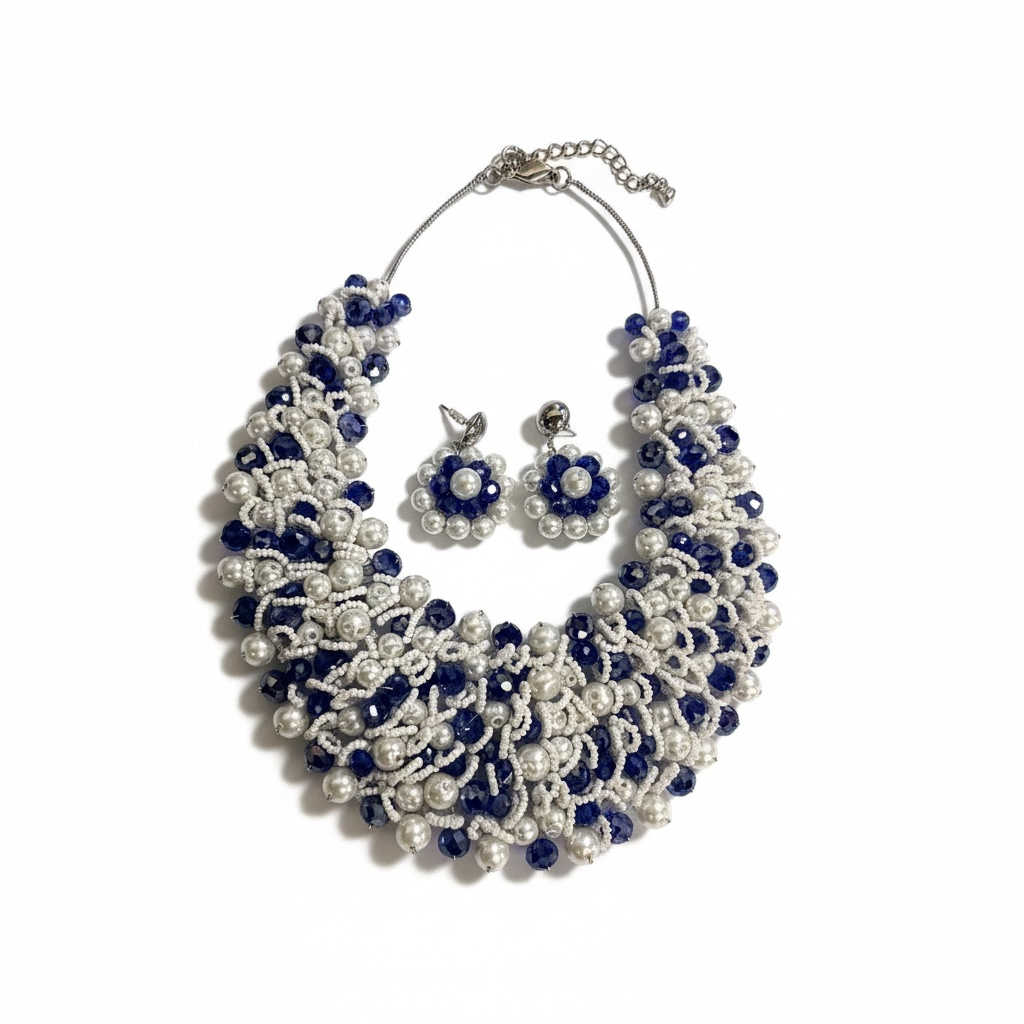 Beaded Pearl Necklace Set Blue and White