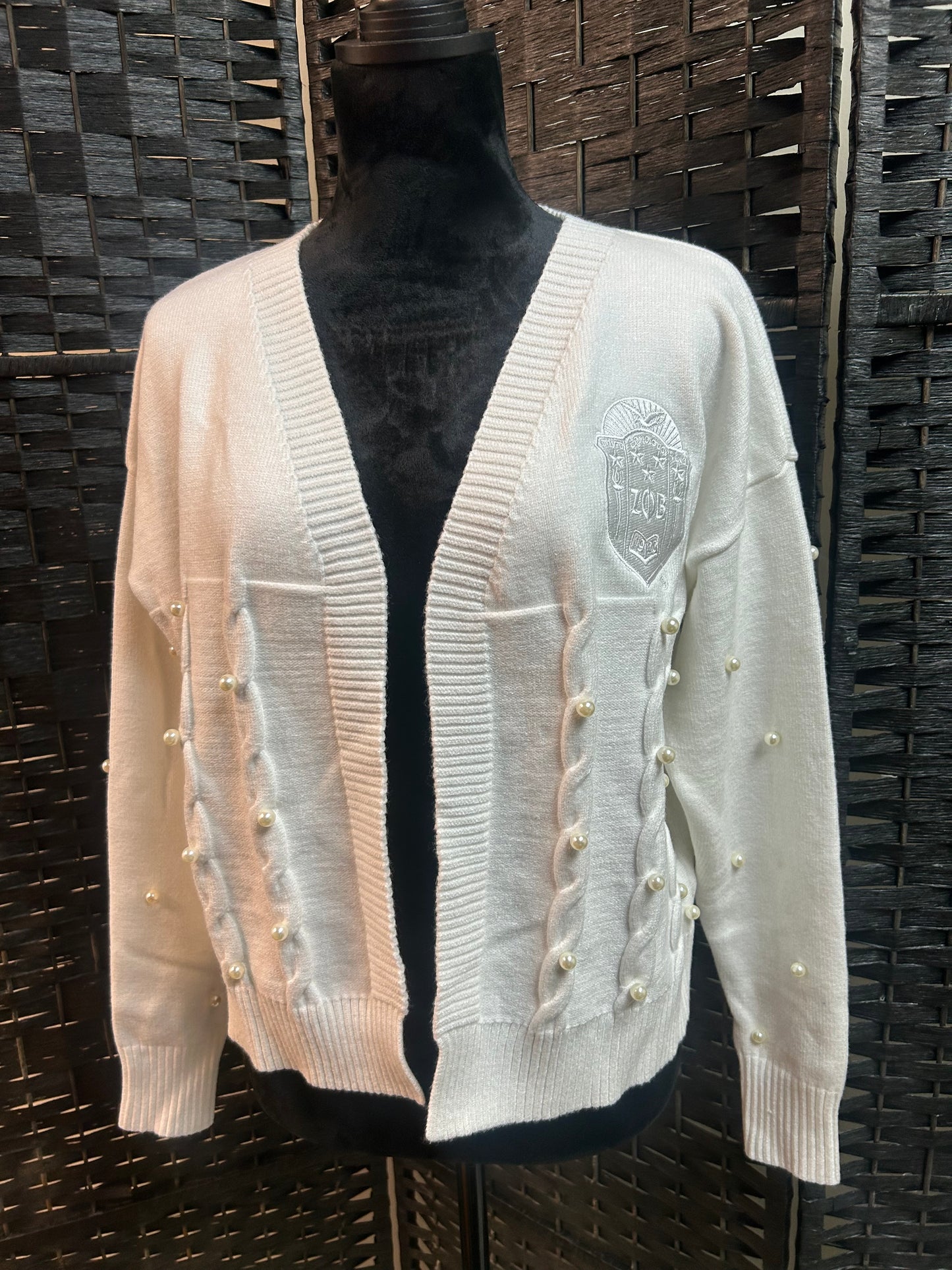 WHITE Zeta Phi Beta Pearled Out Open Cardigan