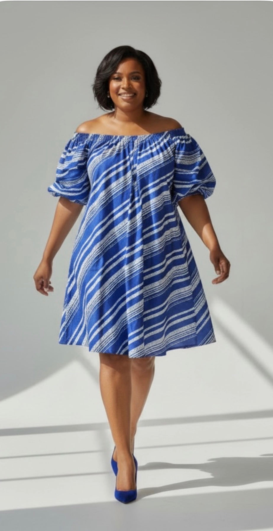 Off the Shoulder Elastic Dress Blue and White