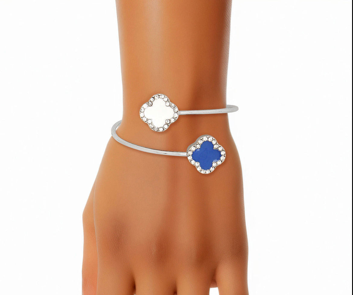 ZPB Sorority Blue White Stone Clover Open Bangle