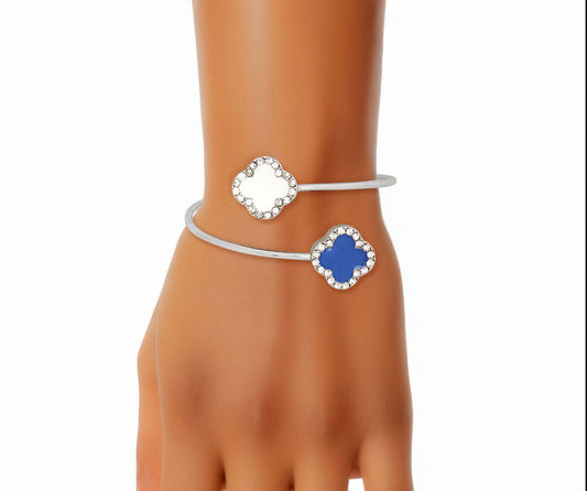 ZPB Sorority Blue White Stone Clover Open Bangle