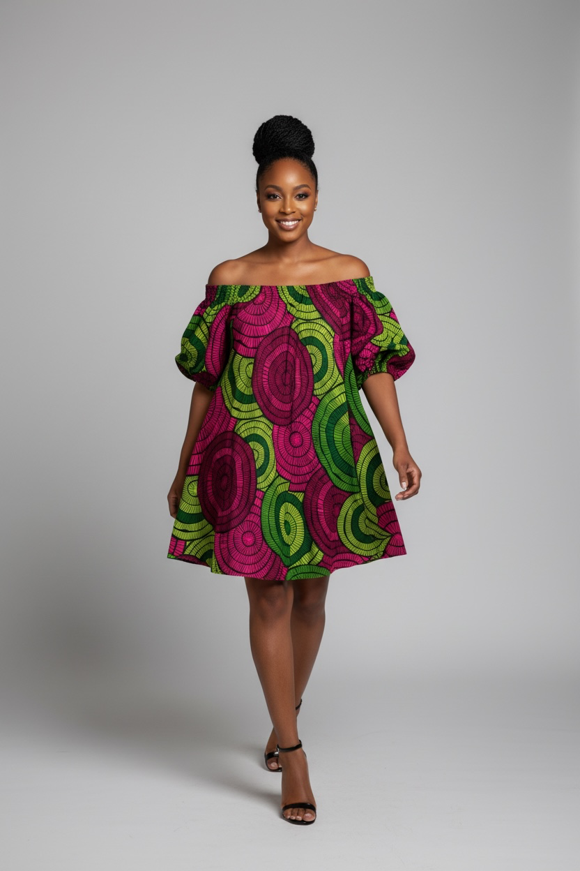 Off the Shoulder Elastic Dress Pink and Green