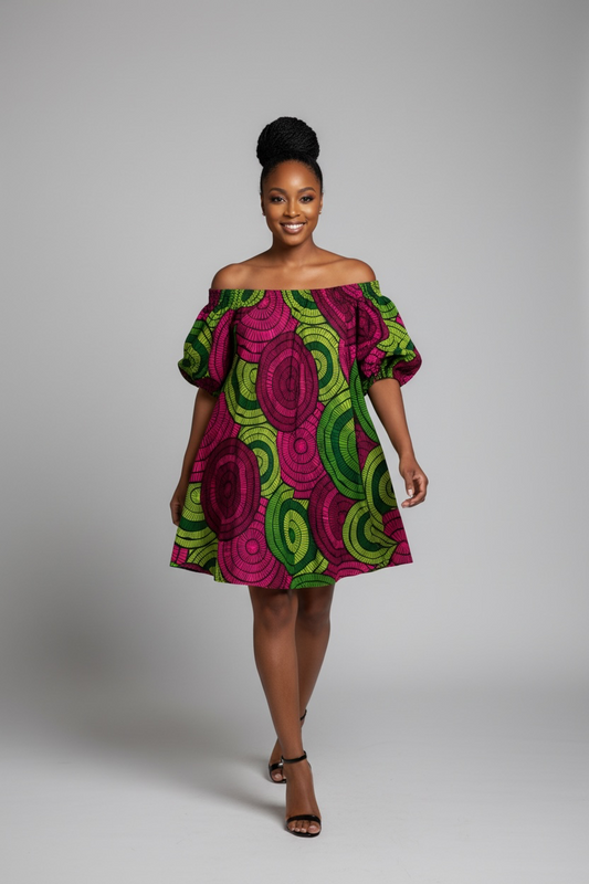 Off the Shoulder Elastic Dress Pink and Green