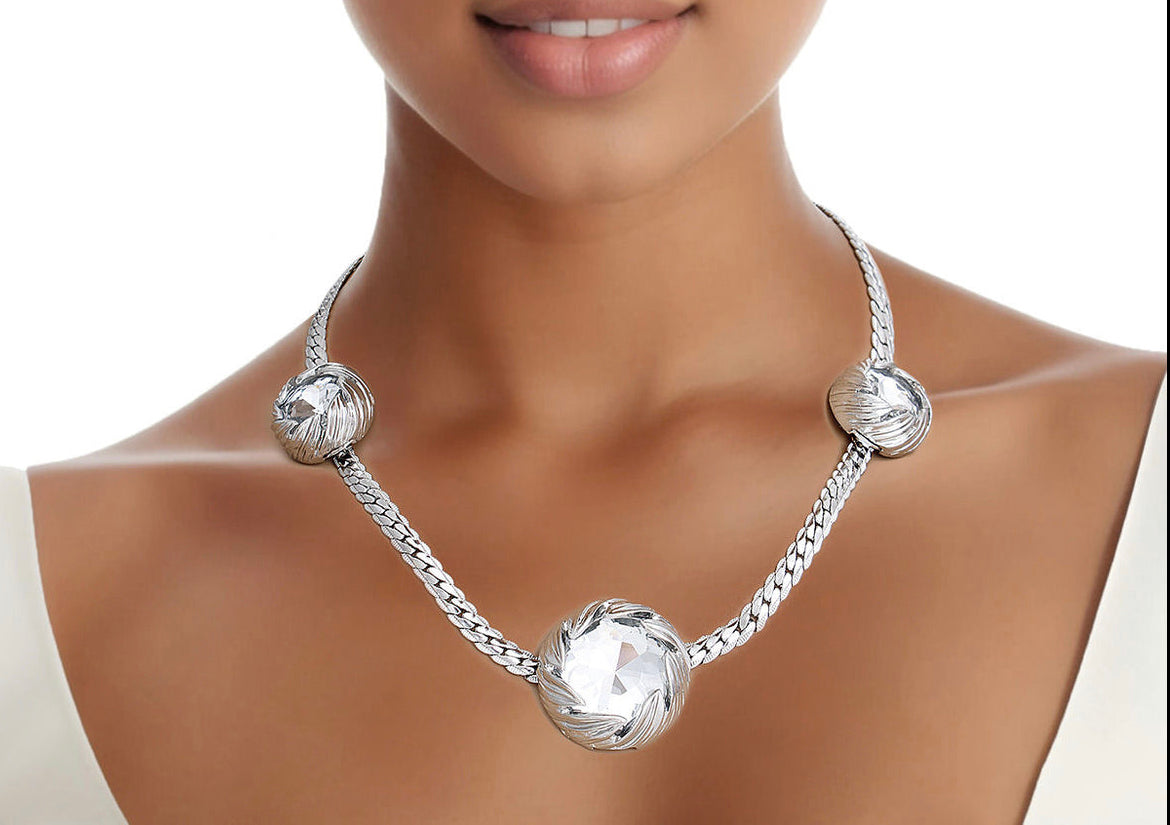 Necklace Silver Crystal Double Necklace Set