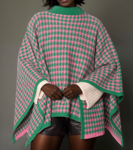 Houndstooth Knit Pink Green Poncho