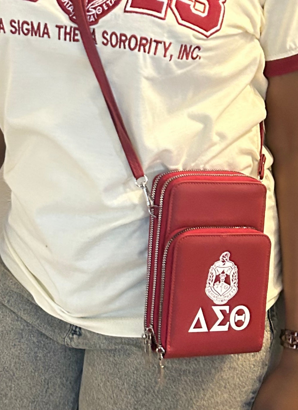 Delta Sigma Theta- multi compartment crossbody *silver hardware*