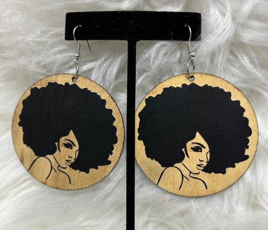 Wooden Earrings -Afro Lady