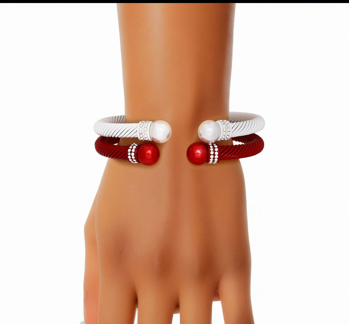 DST Sorority 2 Pcs Red White Cable Bangles