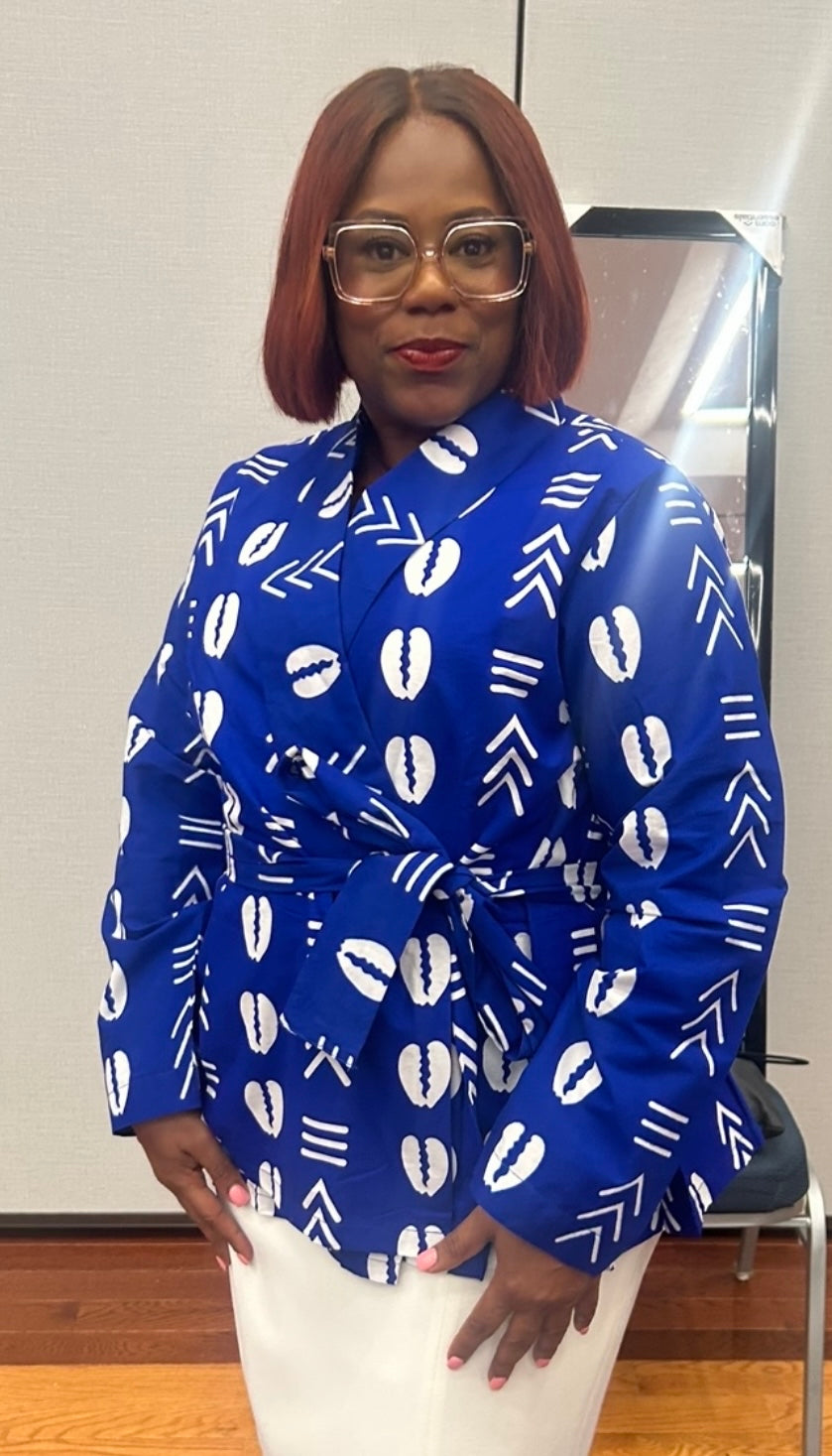 Ankara Print Blazer - Blue and White - In Stock