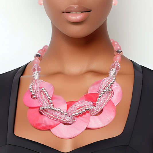 Pink Beaded Disc Necklace Set