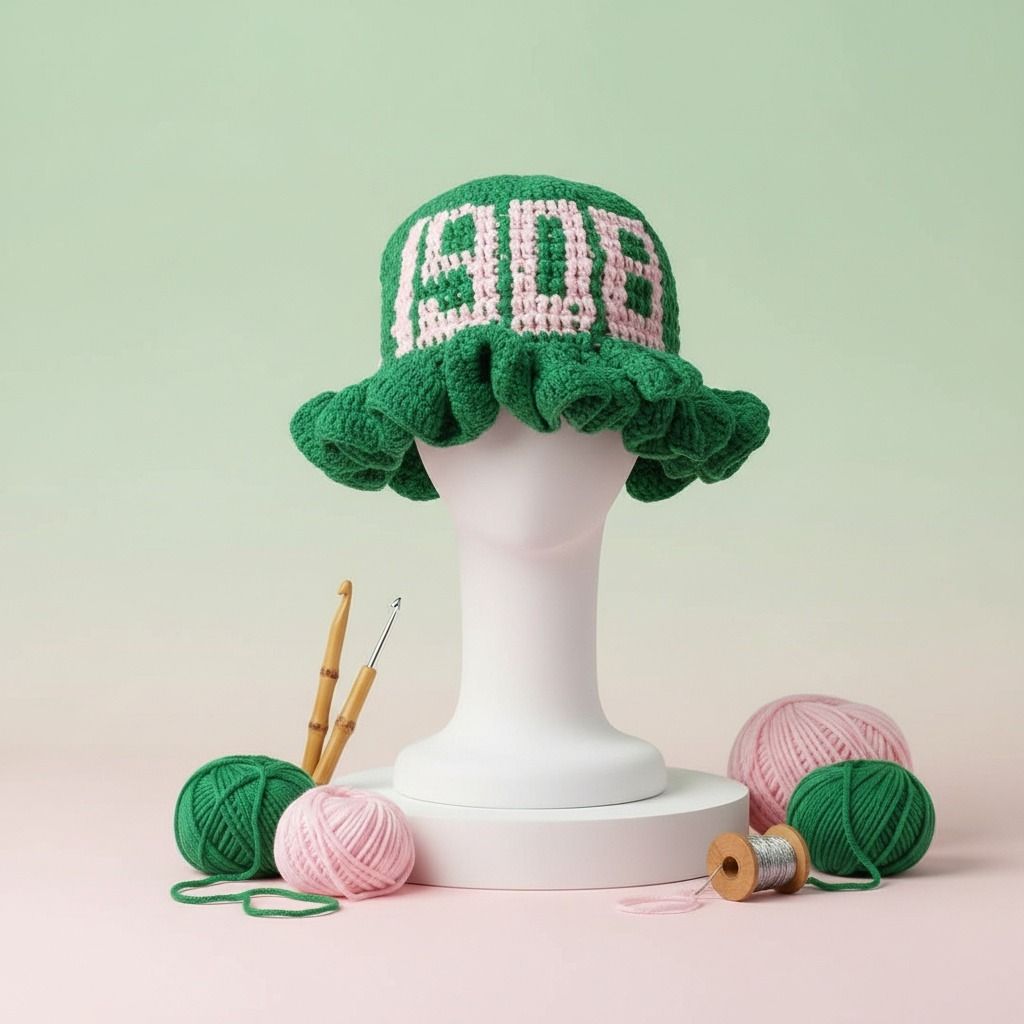 AKA Sorority Green Crochet Ruffle 1908 Bucket Hat