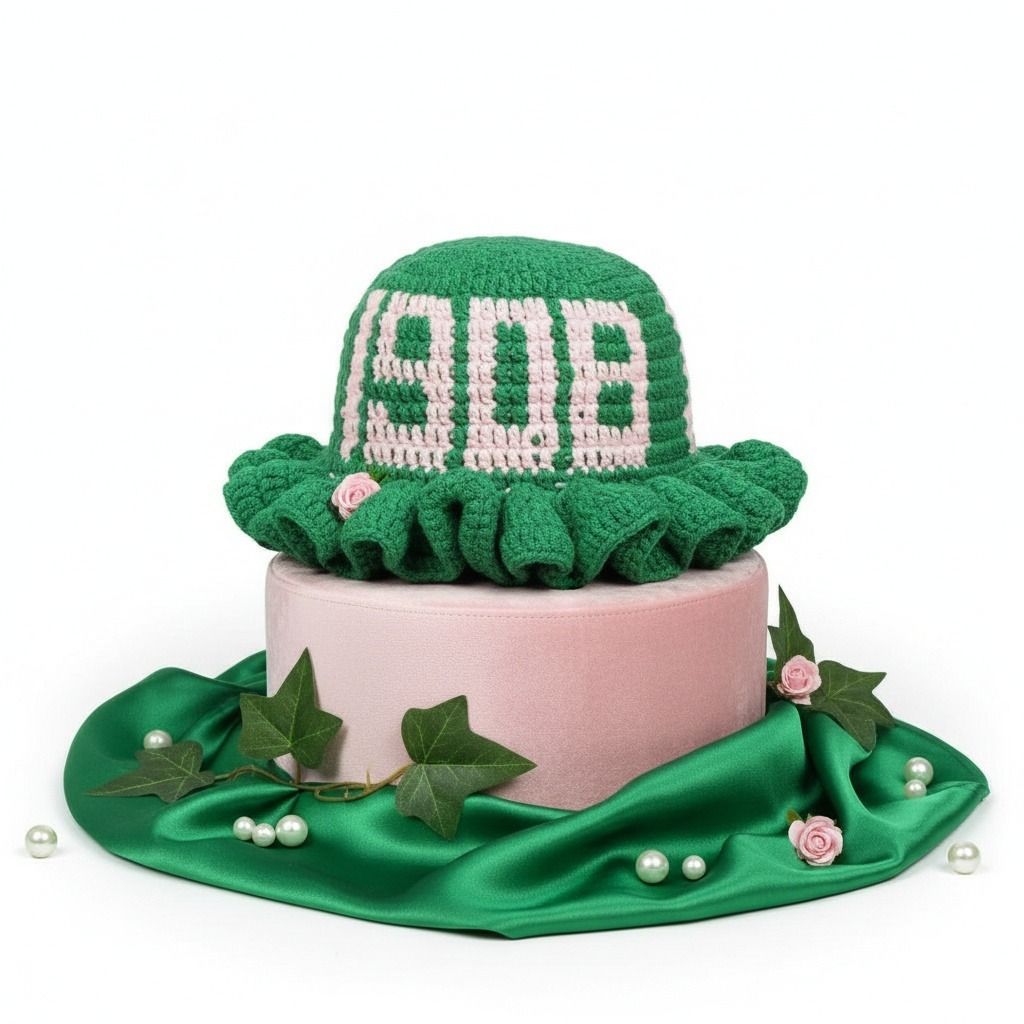 AKA Sorority Green Crochet Ruffle 1908 Bucket Hat