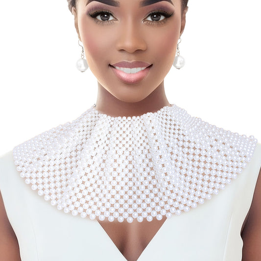 Choker White Pearl Ruffle Bib Set for Women