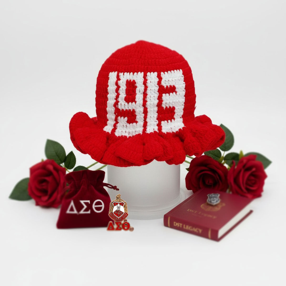 DST Sorority Red Crochet Ruffle 1913 Bucket Hat