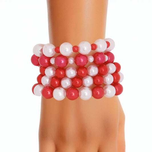 5 Pcs Red and White Pearl Bracelets