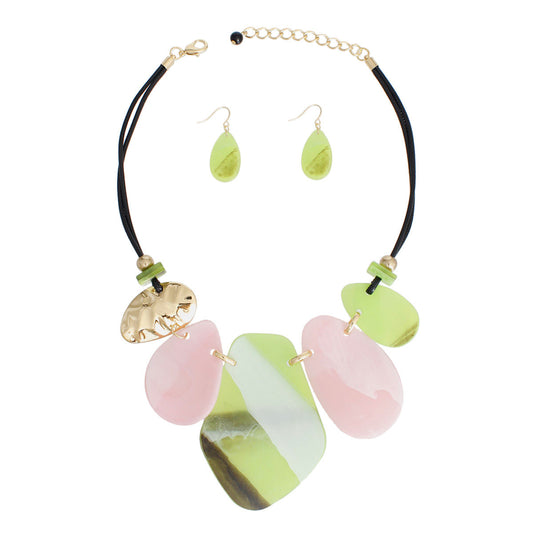 Necklace Pink Green Marbled Bib Set for Women