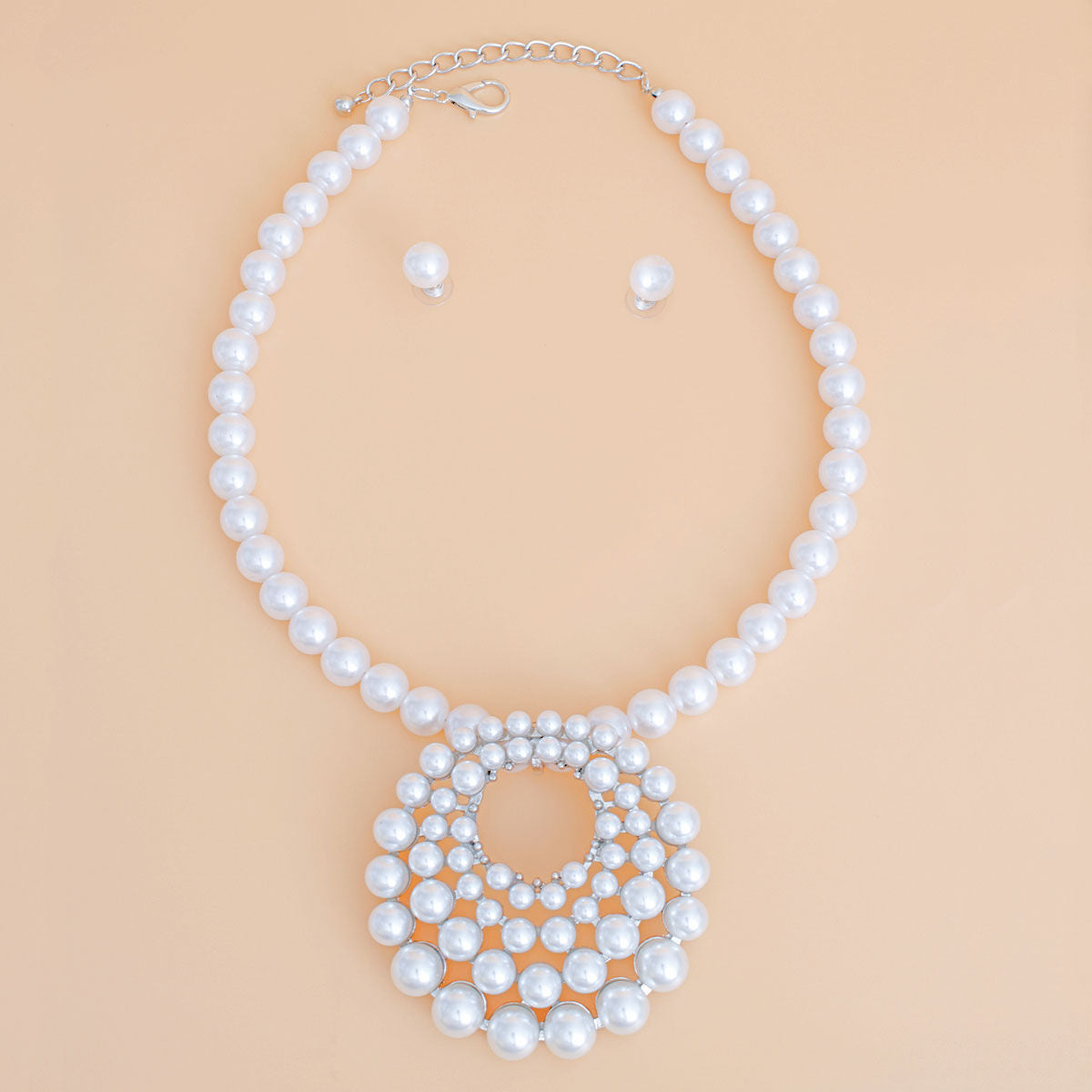 Pearl Necklace White Round Pendant Set for Women