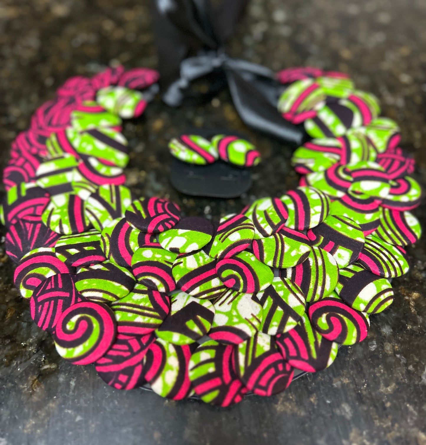 Ankara Button Necklace -Pink and Green